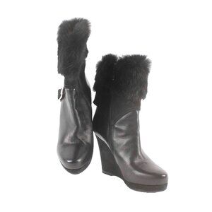 Fiorangelo Sz 38 Black Leather Suede Fur Cuff 4.75in Wedge Ankle Boot